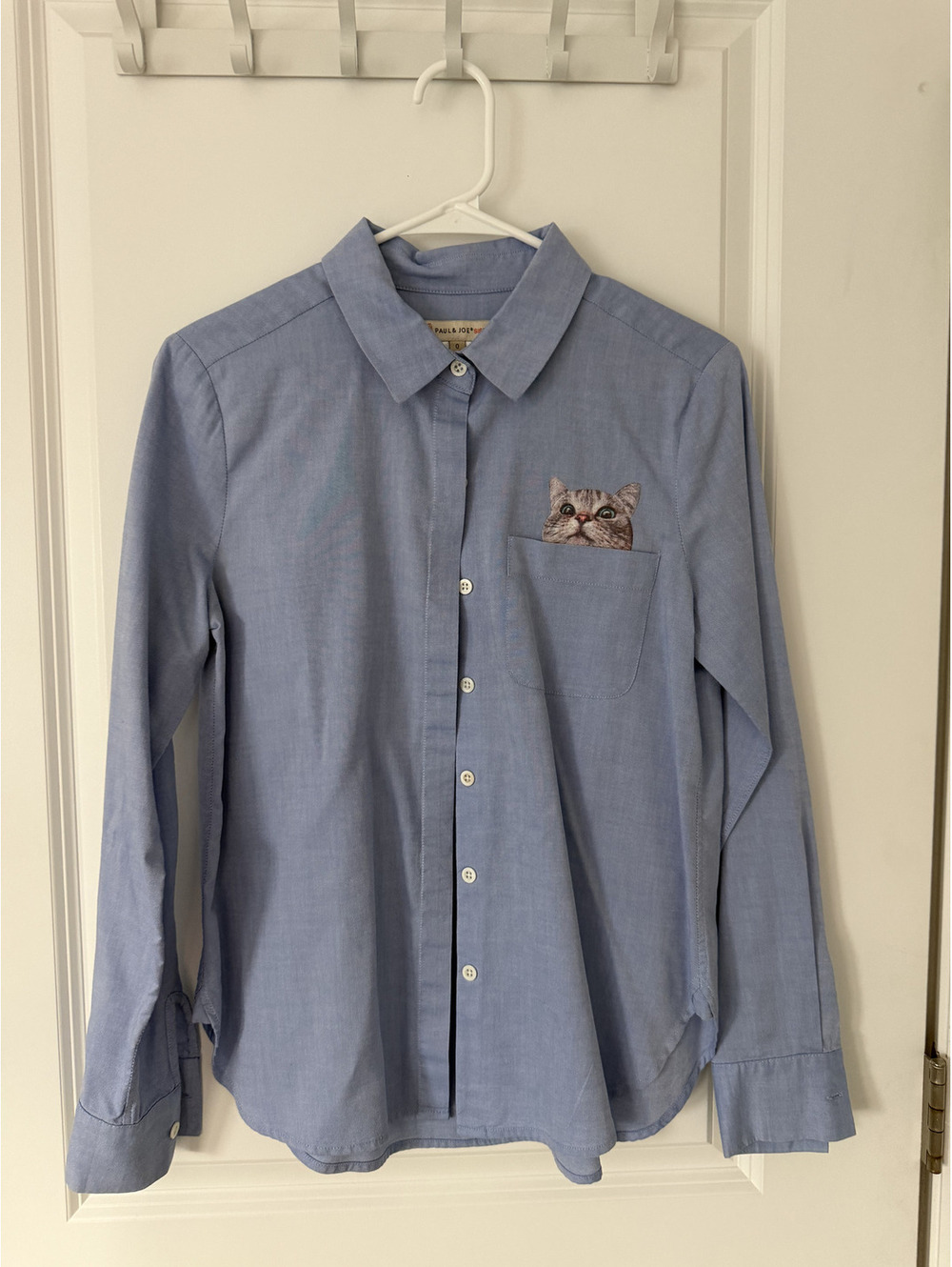 Paul & Joe Sister Light Blue Button-Up Shirt with Cat Pocket Detail